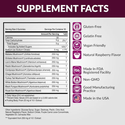 Lions Mane & Cordyceps Mushroom Gummies - 10in1 Supplement - for Focus, Energy, Mood, Memory & Clarity - 60 Pcs